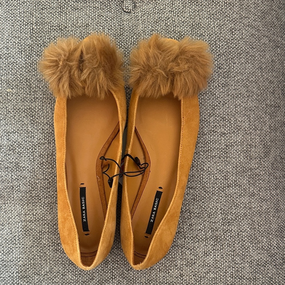 Zara Women's Brown Suede Flats with Fluffy Pom Poms